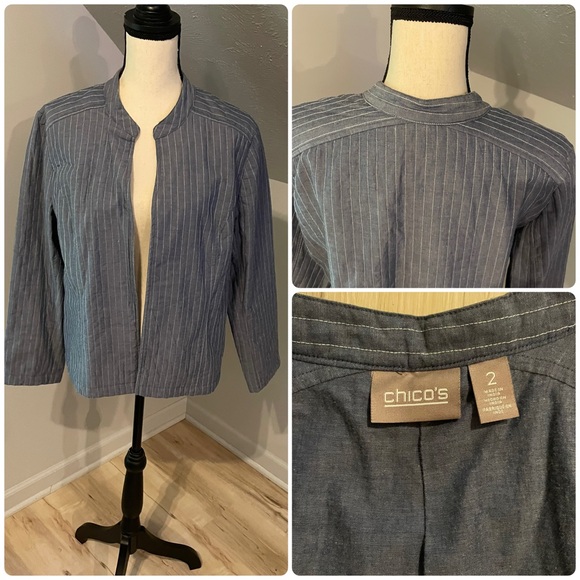 New Chico's Quilted Chambray Open Front Jacket Blazer Size 2 L 12 Blue Cotton - Picture 1 of 9
